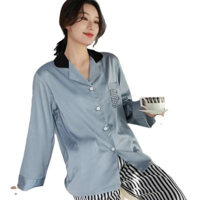 China QUICK DRY Silk Women Pajamas Spring/Summer Long Sleeve Home Dress Blue Jacket And Lapel Cardigan Women Pajamas Pants Striped Holes for sale