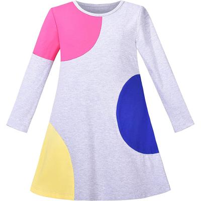 China High Quality 100% Anti-Wrinkle Cotton Crew Neck Contrast Color Knee Length A Line Comfortable Girls Long Sleeve Dress for sale