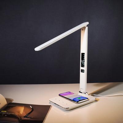 China HD VA LCD Display Wilit Leather Foldable Arm Wireless QI Charger Desk Lamp with USB Outlet Study Desk Reading Lamp for sale