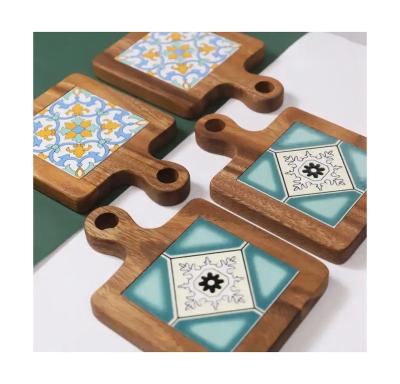 China Sustainable Acacia Wood Ceramic Insulated Coaster Wooden Cutting Board Solid Wooden Table Coaster for sale