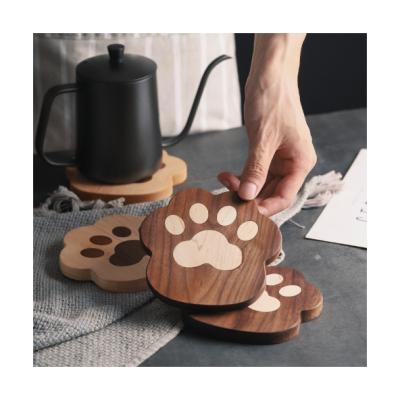 China Sustainable Cute Cartoon Solid Wooden Cat Claw Cup Coaster  Black Walnut Maple Household Dining Table Mat Insulation Mat for sale