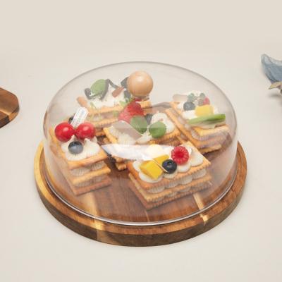 China Sustainable Bamboo Cake Display Cake Wooden Holder Dessert And Appetizer Round Centerpiece Glass Dome Cloche Lid for sale