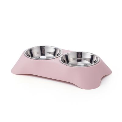 China Sustainable Easy To Clean Double Plastic Bowl Stainless Steel Pet Feeder Cat And Dog Bowl for sale