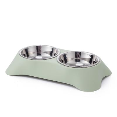 China Sustainable Easy To Clean Double Plastic Bowl Stainless Steel Pet Feeder Cat And Dog Bowl for sale