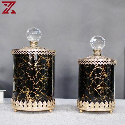 China Viable Wholesale Black Gold Pattern Glass Candy Jar With Lid Round Decorative Sugar Pot Candy Bowl for sale