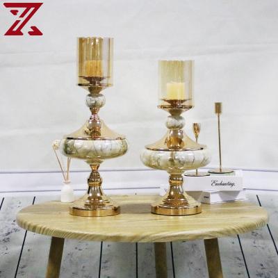 China Home Decoration Europe Custom Ceramic Candle Holder With Lid Glass Metal Blue Candlestick For Home Decor for sale