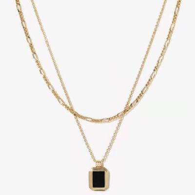 China Lead Free Nickel Free Not Tarnish Luxury Custom Double Layer Cuban Link Shell Rectangle Necklace Pendant Stainless Steel Black White Chain Necklace For Women for sale