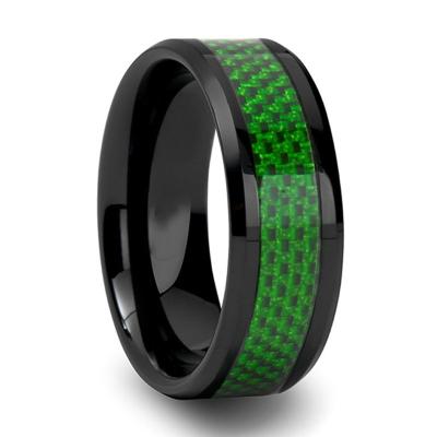 China Casual/Sporty Comfort Fit Beveled Black Ceramic Edge Ring With Emerald Green Carbon Fiber Inlay 8mm Wedding Band for sale