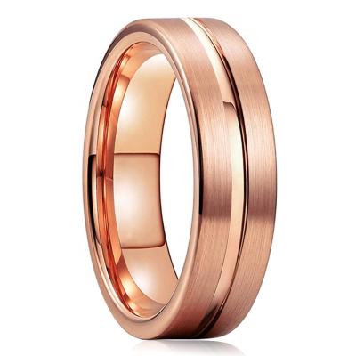 China 2021 Trendy Punk Jewelry 6mm Flat Edges Matte Grooved Center With 585 Rose Gold Filled Tungsten Carbide Wedding Rings For Him for sale