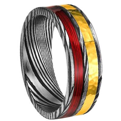 China CLASSIC Double Channel Inlaid Rosewood and Gold Hammer Steel Bars Unique Design Black Damascus Steel Rings for sale