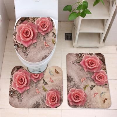 China Washable Mat Printing Bath Mat Absorbent Toilet Mat U Pattern Toilet Three-Piece Set for sale