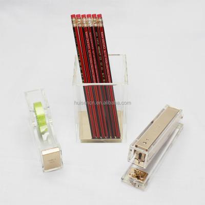 China Acrylic+metal HUISEN Gold Striped Acrylic Desk Accessories Stationery Set Display Organizer for sale