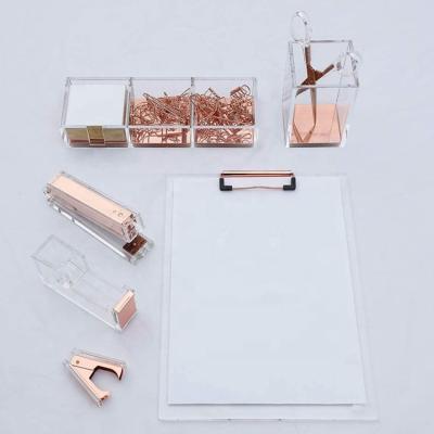 China Office Stationery Desk Organizer HuiSen Deluxe Clear Acrylic Supplies Stationery Set for Gift and Desk Organizer in Rose Gold Color for sale