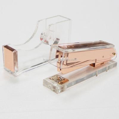 China HUISEN Rose Gold Desk Accessory Small Size Tape Dispenser Convenient Stapler Acrylic Set Clear for sale