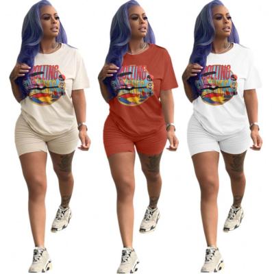 China Cardboard Printing Anti-Static Casual T-shirt And Shorts Hot Outfits Two-Piece Panties Women'S Clothing Set for sale