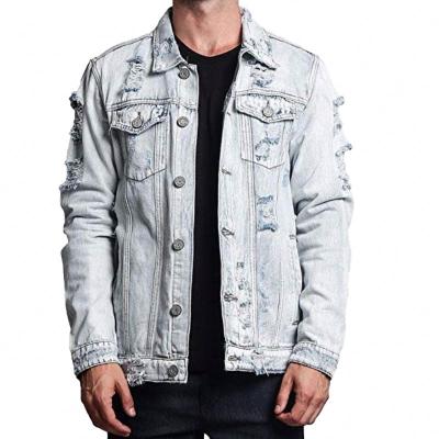 China Custom Viable High Quality Mens Jackets Bleached White Jeans Denim Jacket To Destroy Distress Jackets For Man for sale