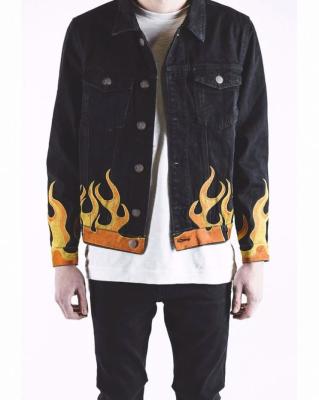 China Viable Wholesale Custom Oversized Mens Jaket Premium Embroidered Flames Jeans Denim Jackets Mens Jeans Set for sale