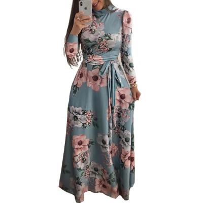 China Viable Hot Wholesale New Styles Arab Women Dress Turtle Neck Floral Muslim Long Sleeve Maxi Dress for sale