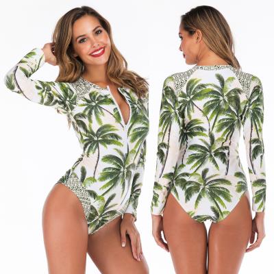 China Snorkeling Suit Breathable Green Round Intimate BikiniSmall BikiniSmall Print Full Body Leaf Coconut Leaf Printing Small Collar for sale