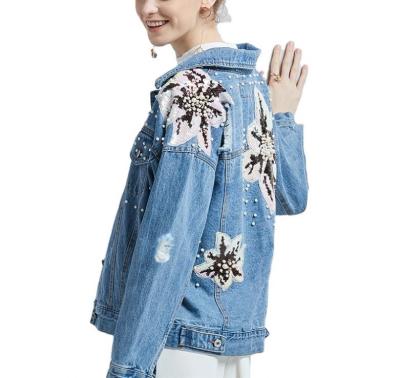 China 2021 plus size viable custom ripped motorcycle destoryed denim jacket embroidery winter blue jeans shiny beaded jackets women for women for sale