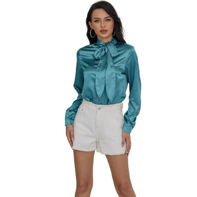 China Breathable Women's Eilly De Bazar Tie Neck Long Sleeve Tops Shirt Teal Blue Elegant Blouse Tops For Women for sale