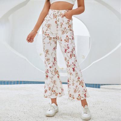 China High Waisted Floral Print Rocket Button Fly Twill Pants Washable for sale