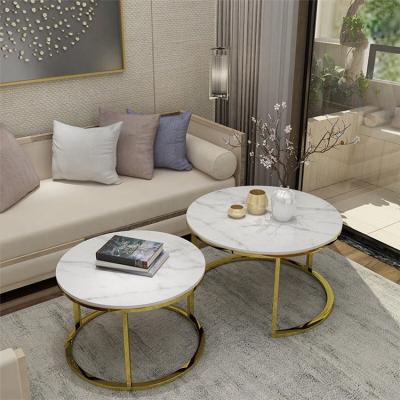 China (Others) Modern Adjustable Living Room Home Furniture Round Stainless Steel Marble Coffee Table and Side Table Set for sale