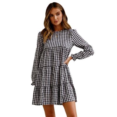 China Viable Vintage Mini Dress Autumn Long Sleeve Plaid O Neck Women Casual Dresses Loose Pleats for sale