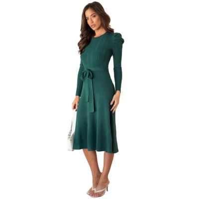 China Sustainable Textured-Knit Belted Puff-Sleeve Midi Dress Women for sale