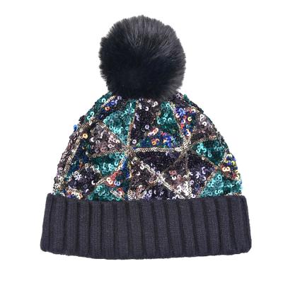 China New JOINT Sequined Irregular Knit Hat Fashion Heat Ruffled Edge Thickened Beanie Hat for sale