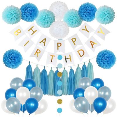 China Amazon Hot Sale Luxury Blue Pink /Black Happy Birthday Banner Foil Latex Balloons Set Paper Flower Tassel Party Decoration for sale