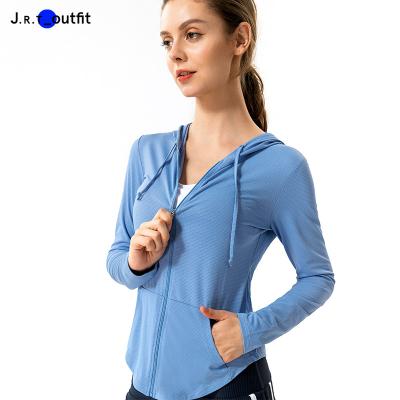 China Breathable J.R.T. 2021 New Solid Design Gym.running Workout Yoga Sports Jacket Women Long Sleeve Hoodie With Hat for sale