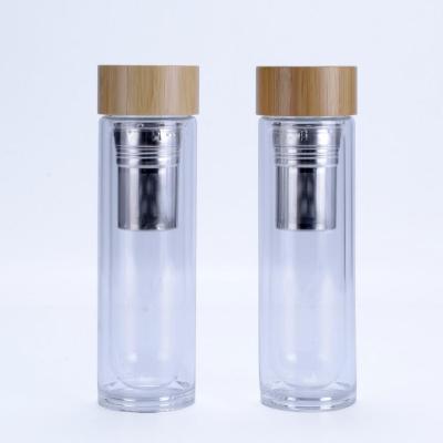 China Viable with double wall, bamboo lid, and with 18/8 stainless steel infuser, 500ml glass water bottle borosilicate for sale