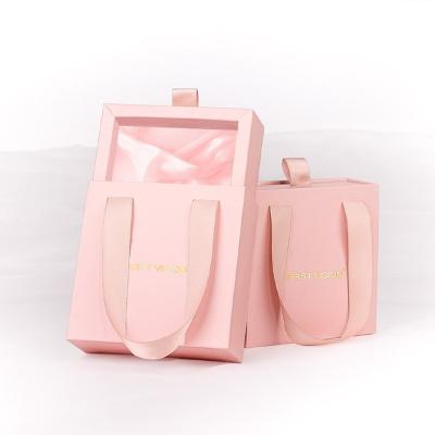 China Recycled Materials Customized Design Logo Paper Drawer Type Bowknot Rectangle With Handle Gift Handbag Packaging Box Set Gift Box for sale