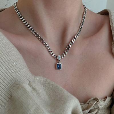 China Lucky Navy Blue Zircon Cuban Chain Brass Necklace Trendy Fashion Necklace Pendant for Women and Girls for sale