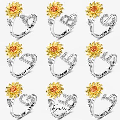 China TRENDY 26 Letter Restless Person Worry Ring for Women Sunflower Ring Open Adjustable Stress Flower A-Z Stackable Rings Spinner for sale