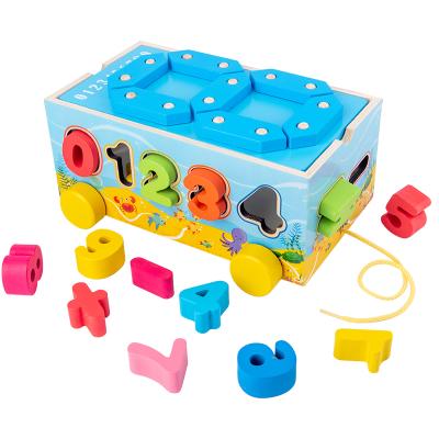 China Building Toy OEM Early Education Learning Toys Number Shape Assorted Building Blocks Supporting Rope Towing Trailer for sale