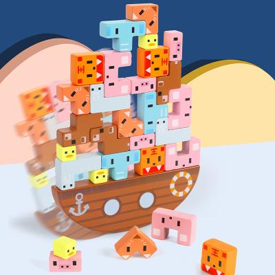 China Building Toy Children's Wooden Animal Balance Stacking High Russian Pirate Ship Blocks Fun Stacking Blocks Educational Toys for sale