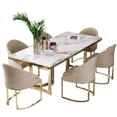 China Modern Custom Exquisite Marble Family Modern High Grade Leather Chair Single Dining Table Iron Top Family Table And Chair for sale