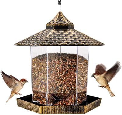 China Sustainable Wild Bird Feeder Hanging Hexagon Shaped Outdoor Bird Feeder Garden Yard Outside Decoration With Roof for sale