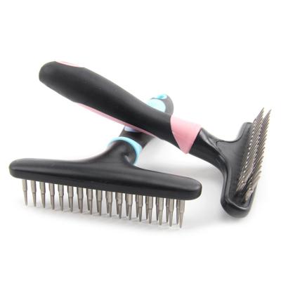 China Sustainable Dog Rake Deshedding Dematting Brush Comb Undercoat Rake Brush Throwing Double Row Of Stainless Steel Pins for sale