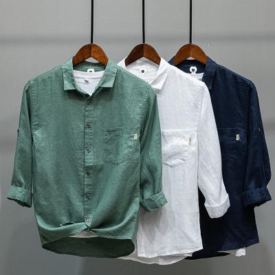 China Aamzon 100% Anti-pilling Hot Sale Canvas Casual Formal Shirt Front Pocket Men Formal Shirt Solid Color 3/4 Sleeve Soft Shirt for sale