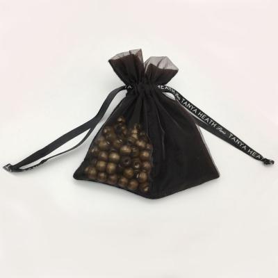 China Custom Recyclable Gift Black Organza Drawstring Pouch for sale