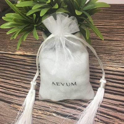 China Custom Drawstring Organza Drawstring Pouch Printed Organza Gift Bag With Tassel for sale