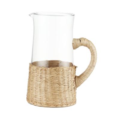 China Handpainting hot sales food safe handcrafted mouthblown wholesales handle tubular glass weaving pitcher for sale