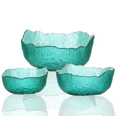 China Irregular Shape Glass Sustainable Fruit Bowls Reusable Fruit Salad Bowl Transparent Colored Glass Bowl With Gold Rim for sale