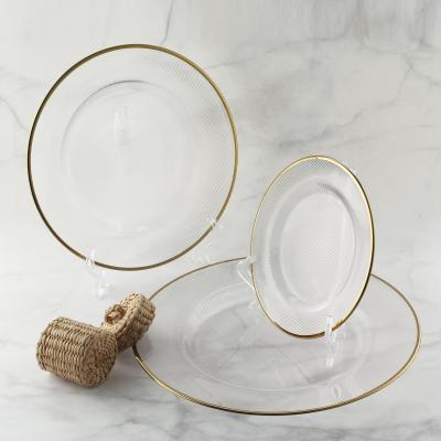 China Sustainable Classic Transparent Striped Dish Plate Round Dish With Gold Rim Plates Of Various Sizes for sale