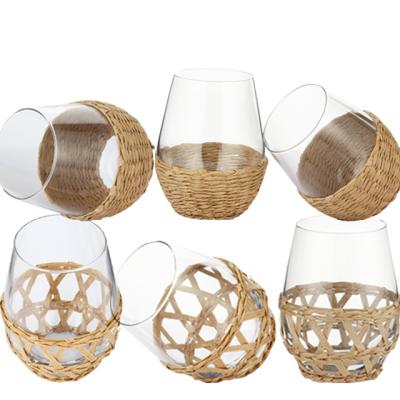 China Luxury Factory Wholesale Custom Vintage Round Stemless Wine Glasses With Weaving for sale