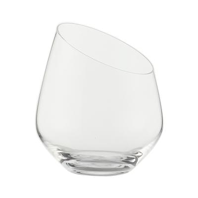 China Hot sales mouth fished handcrafted single angled mouth transparent stemless glass crystal wine glassware in bulk for sale