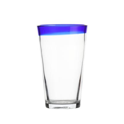 China Handpainting Manufacture China Whiskey Thick Bottom Glass Drinking Glasses With Blue Rim Tumbler Glasses for sale